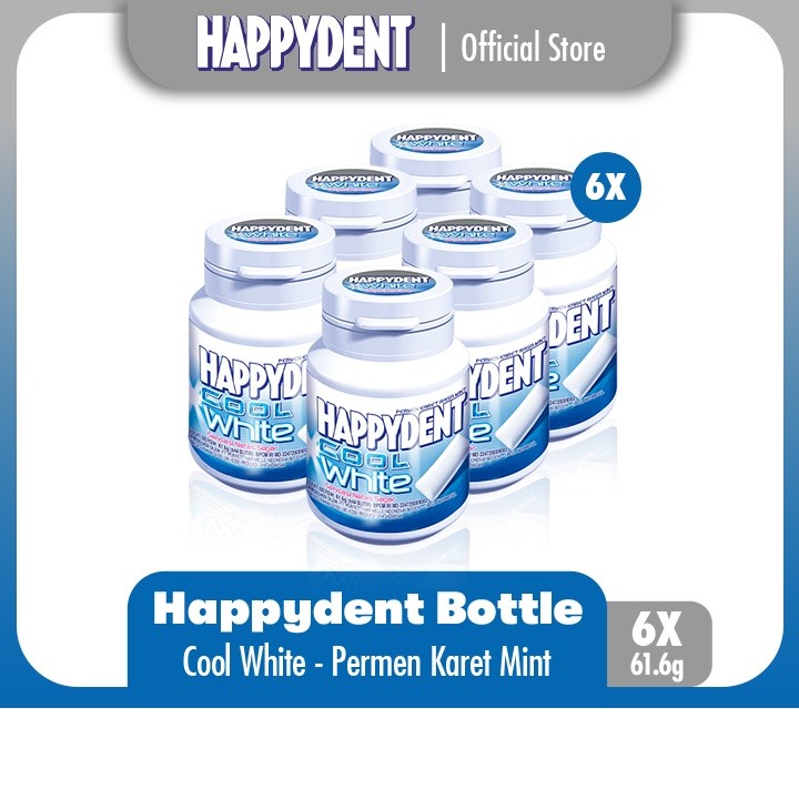 

Happydent Cool White Bottle 61.6g - Permen Karet Rasa Mint (6 Bottles)