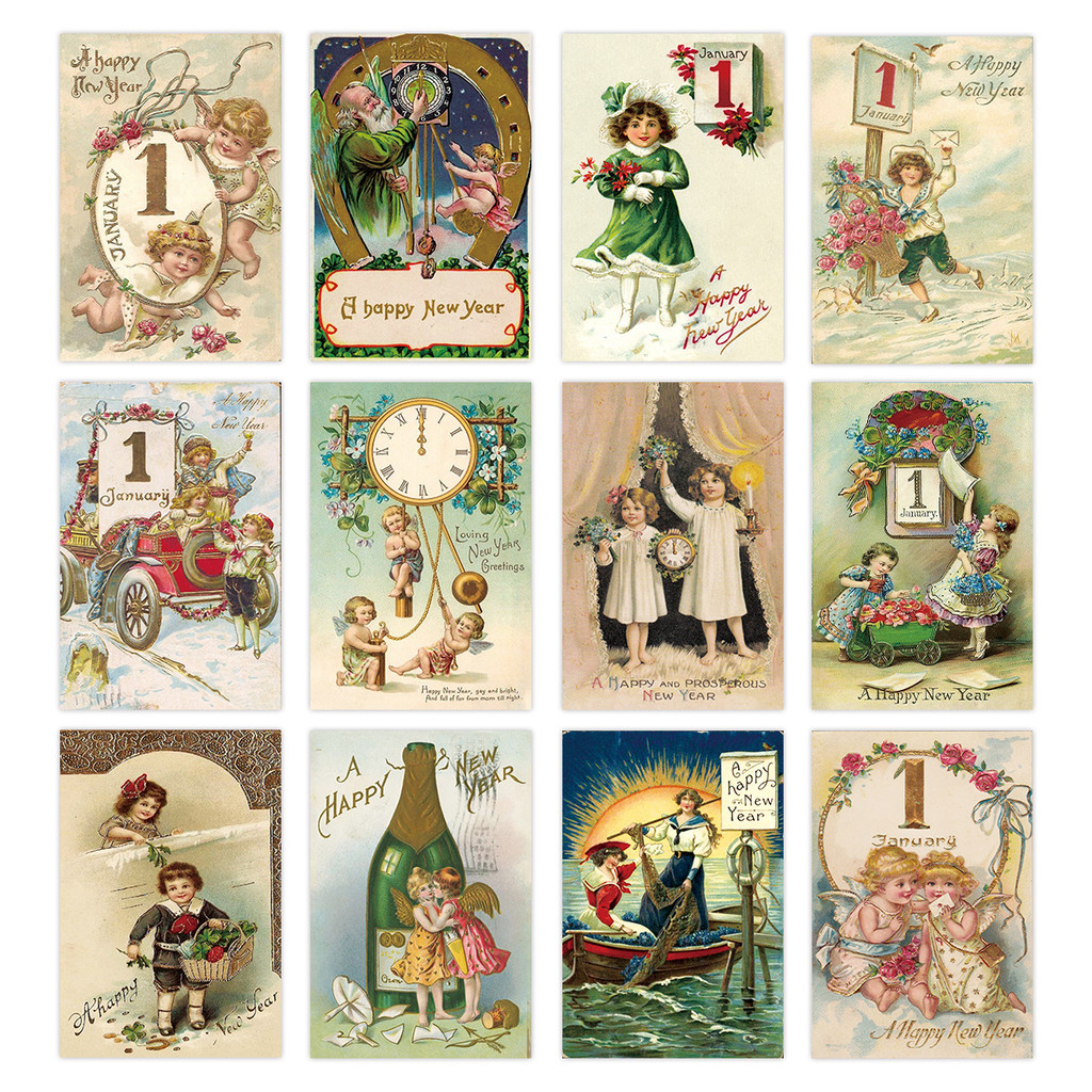 

12pc Vintage-Inspired Postcards for & New Year,Happy New Year Greeting Card,Wall Collage Kit,Home Decoration