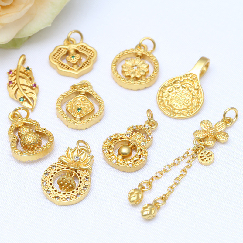 (5 harga) Liontin manik-manik transfer berlapis emas kuningan, liontin bahan tenunan tangan labu ema