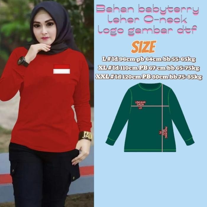 kaos wanita lengan panjang warna merah logo /polos - merah logo bendera, L