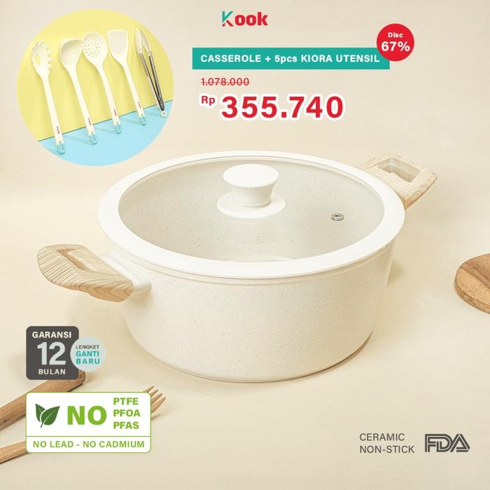 KOOK [BUNDLE PAN+5 SUTIL] CASSEROLE + KIORA 5pcs Utensils - Alat Masak Panci Besar Anti Lengket Jumb