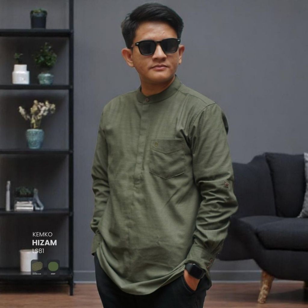LUQMAN HAKIM Hizam Army | Kemko Kemeja Koko Pria Lengan Panjang | Baju Muslim Casual Harian Kekinian