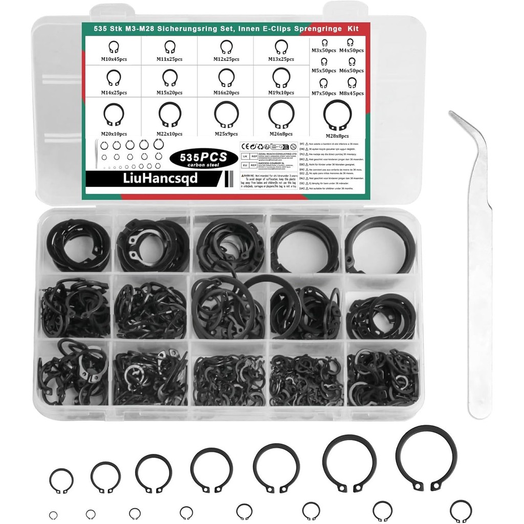 

535-Piece Snap Ring Set - 19-Size Assortment of E-Clips, C-Clips & Retaining Washers for Shafts