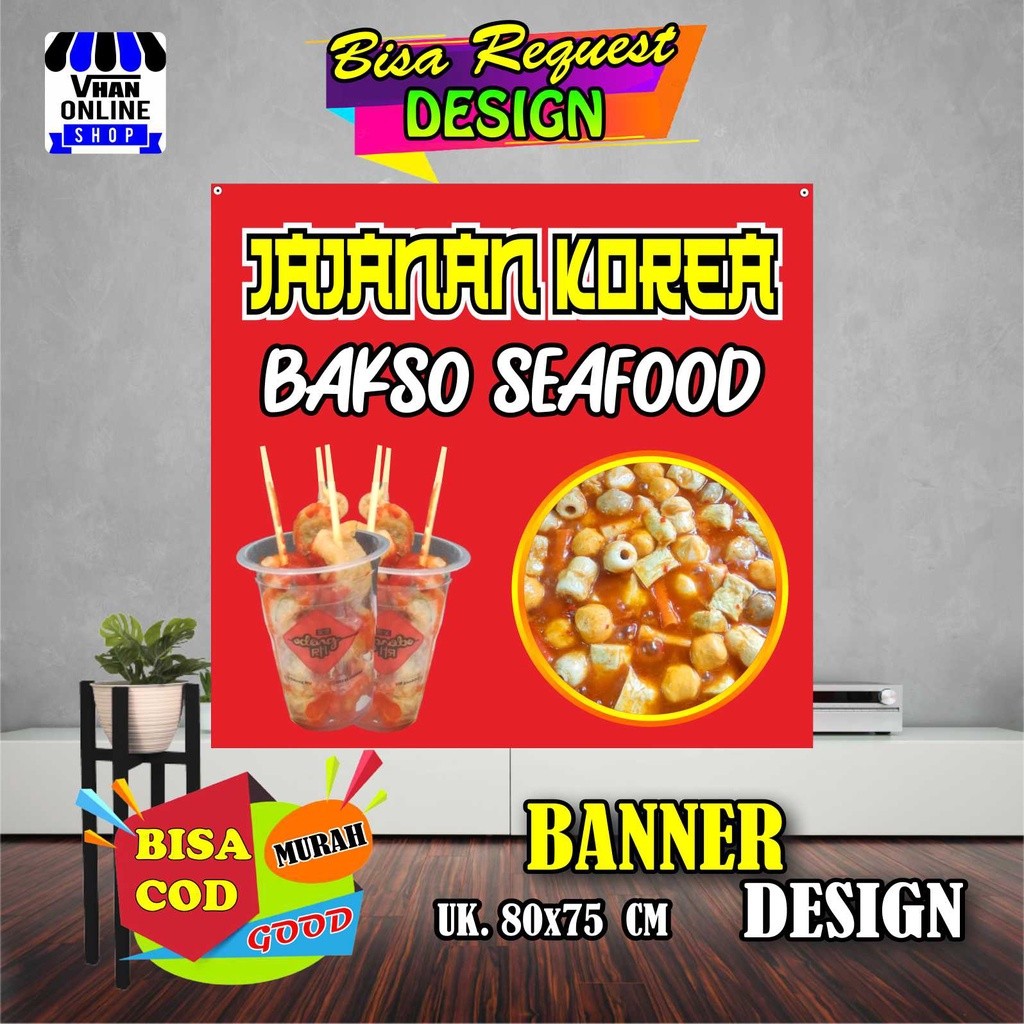 Cetak Banner / Spanduk Jajanan Korea, Bakso Seafood, Jajanan Viral, Kuat Bagus