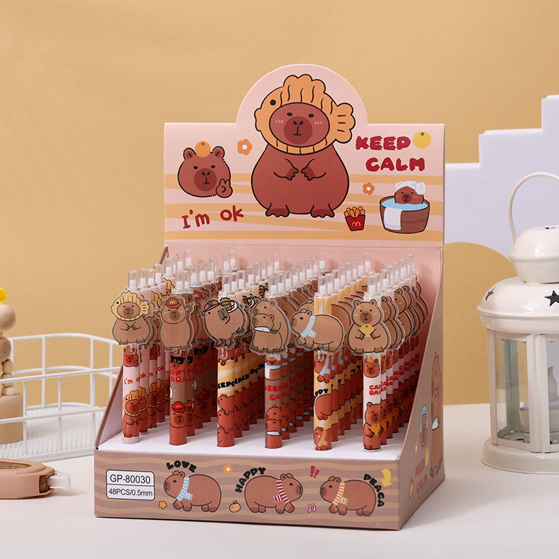 

48pcs Gel Pen Capibala 0.5mm Black New Cartoon Doll Metal Cute Shape Press Pen Student Office Stationery Writing Instrument Gift