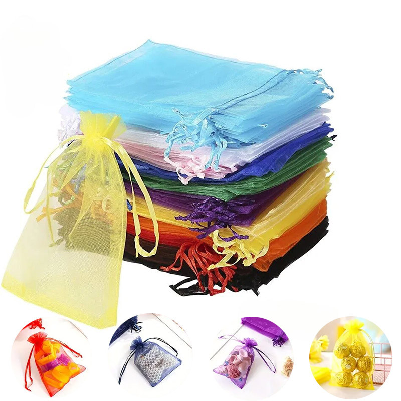 

100PCS Solid Color Drawstring Mesh Bag Transparent Drawstring Gift Bag Wedding Party Multifunctional Storage