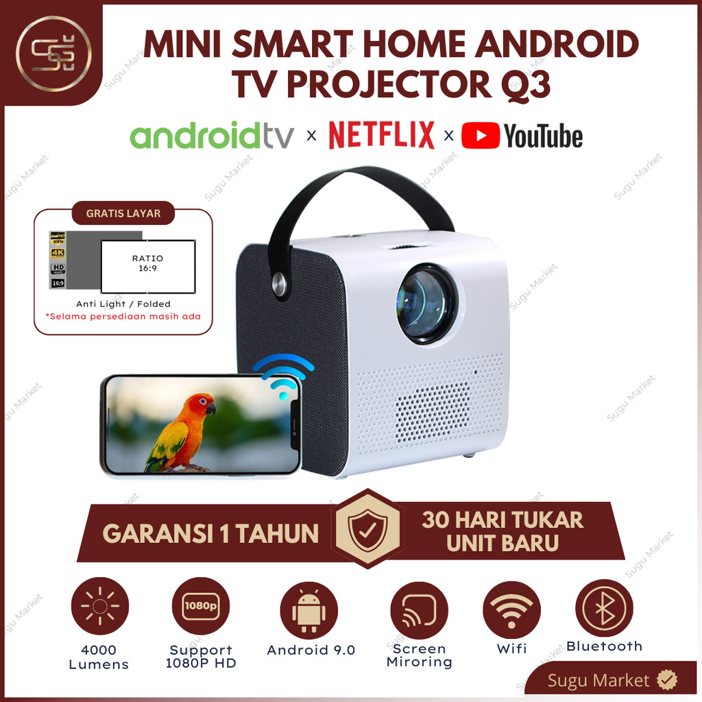 Aera Smart Proyektor Android Q3W 4000 Lumens Proyektor Mini Portable  4K Proyektor Nobar Bioskop Min