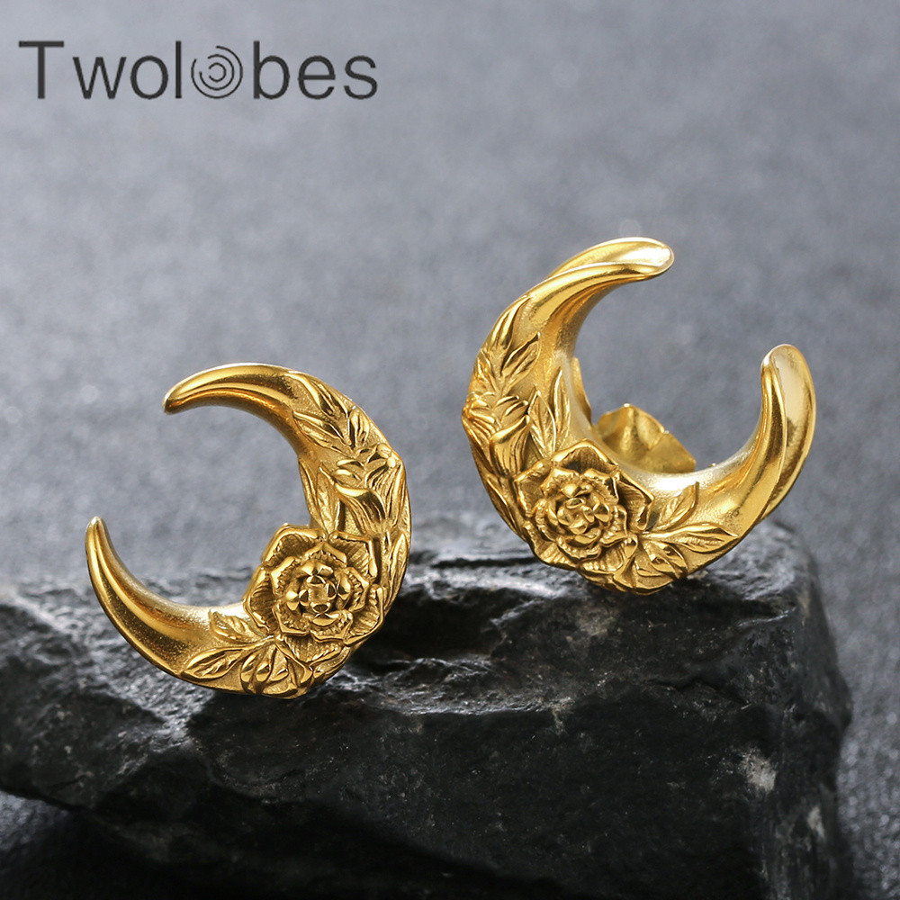 Twolobes 2PCS Moon Flower 316 Stainless Steel Saddle Plugs Tunnels Expander Plugs Piercing Women Bod