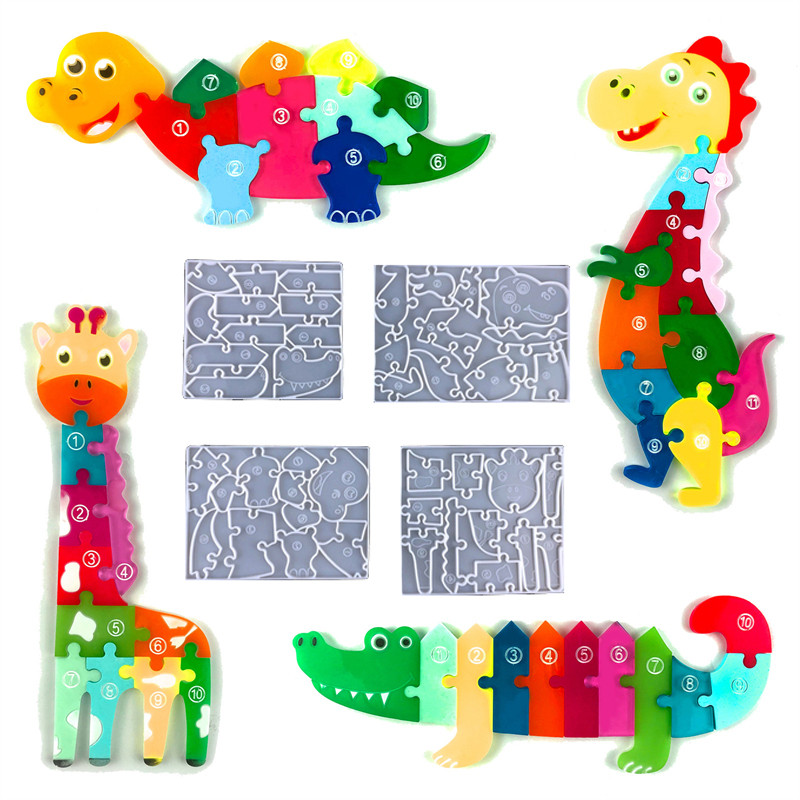 

Dinosaur Puzzle Epoxy Mold Diy Giraffe Crocodile Puzzle Game Jigsaw Cartoon Animal Silicone Resin Mould for Kids