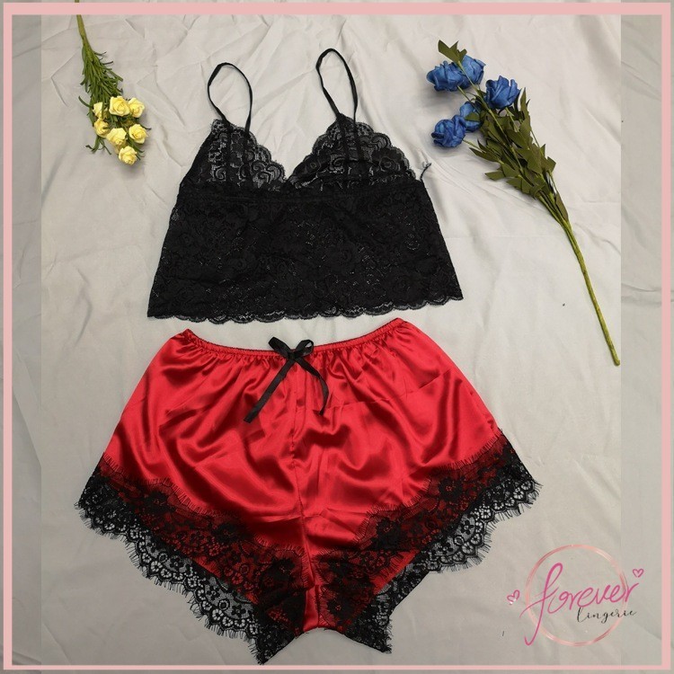 foreveer_Baju Tidur Wanita Set Celana Pendek Wanita + Tank Top Renda Berwarna Hitam Motif Flora Polo