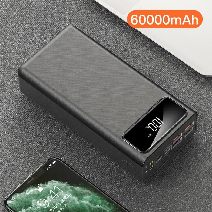 PowerBank 60000mAh 4 USB Fast Charging Putih LED Hitam 60000 mah White hitam - Hitam-60000MAH