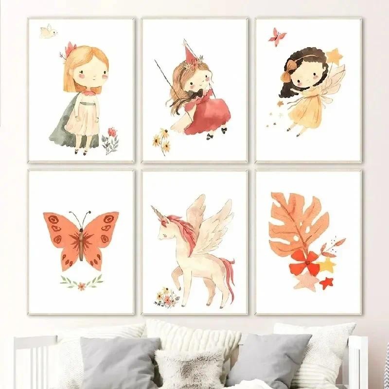 

Fairy Flower Butterfly Leaves Posters and Prints Pictures Baby Kids Girl Bird Nursery Canvas Painting Nordic Room Decor