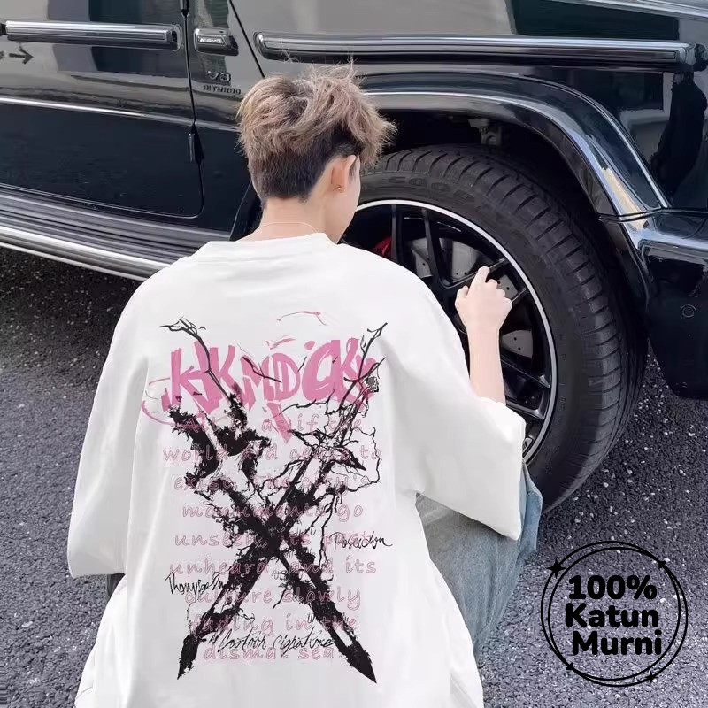 Kaos pria dengan motif huruf Inggris bergaya bunga dan gambar, gaya Korea INS