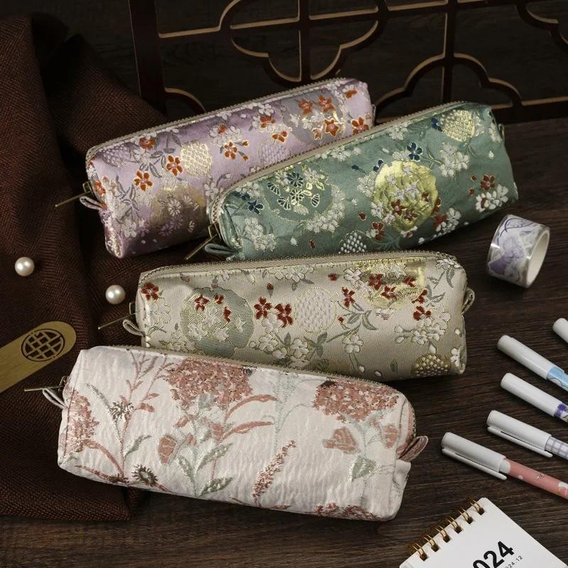 

Chinese Style Knitted Embroidery Pencil Case Pencil Pouch Stationery Bag Luxury silk brocade Crane Make Up Case Cosmetics Bag
