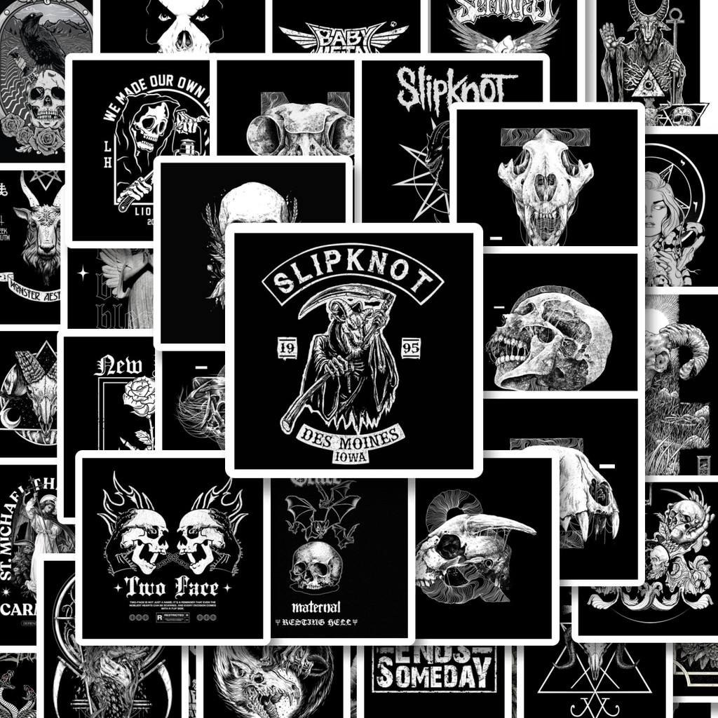 

100PCS Lucu Stiker Black And White Metal TShirt Design Mix [Desain Kaos Metal Hitam Putih] Stiker Aesthetic Stiker Anti Air Stikers Berperekat Waterproof sticker decal buat Motor Helm Buku Journal Koper Casing HP Laptop Botol Minum Hadiah anak