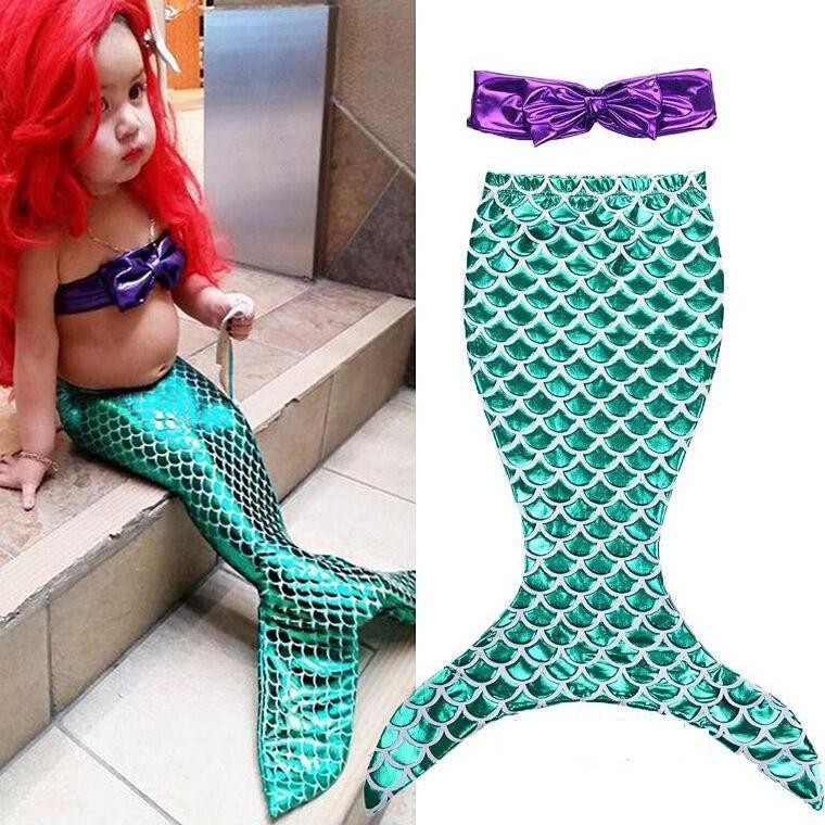 Set Bikini Ekor Putri Duyung Bayi Perempuan Anak-anak Atasan Tabung Busur Berkilau dan Pakaian Renan