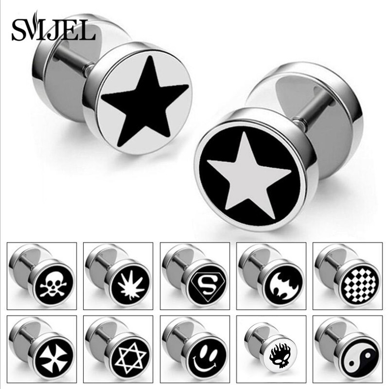 SMJEL Punk Stainless Steel Star Studs Faux Fake Ear Plugs Flesh Tunnel Gauges Tapers Stretcher Earri