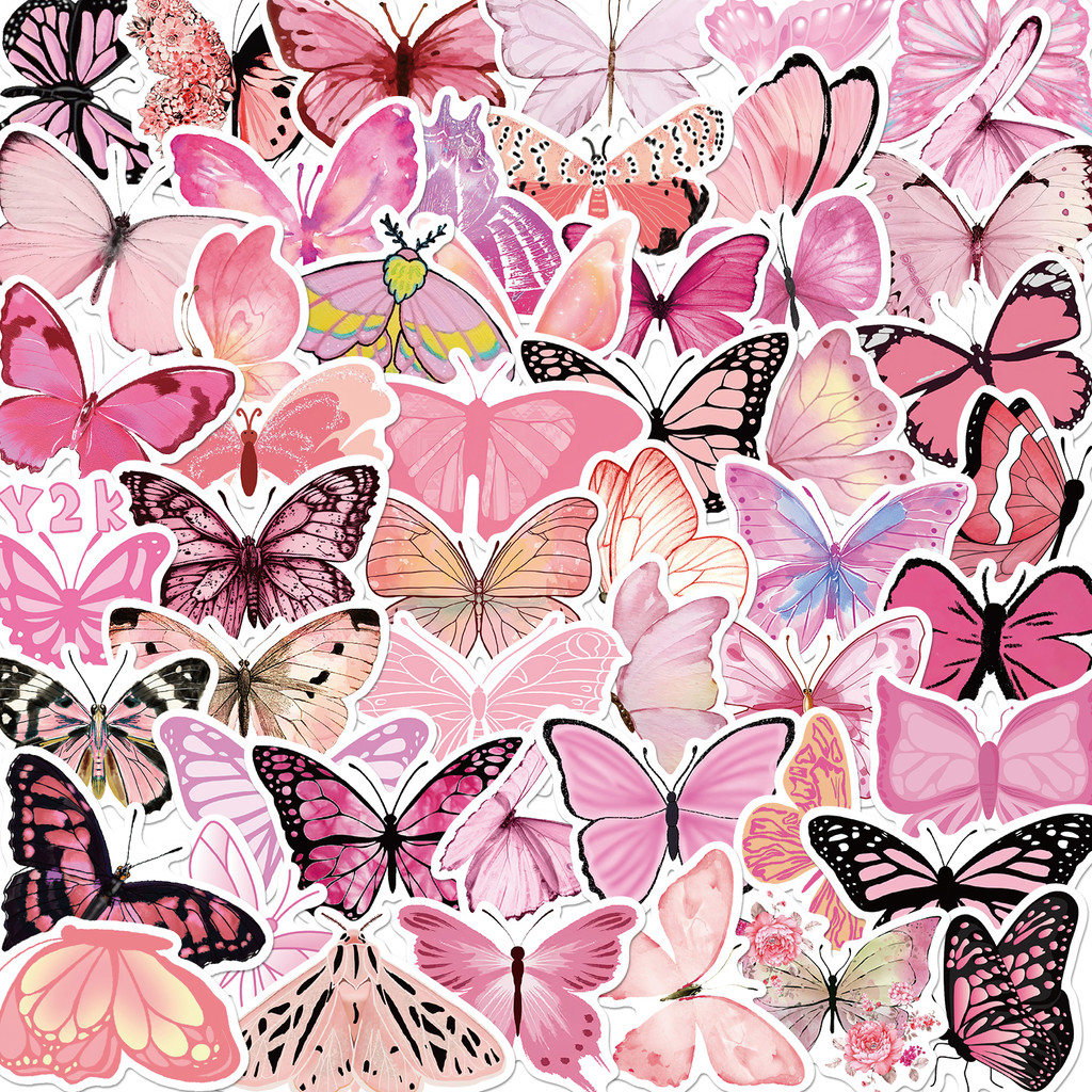 

50pcs Pink Flower Butterfly Graffiti Stickers Waterproof PVC Material Stickers DIY Bicycle Luggage Skateboard Computer Decal Toy