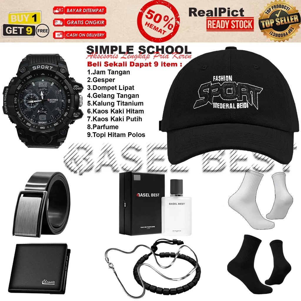 [BASEL BEST] Simple School Paket Wow Termurah Bundling 9in1 Jam Tangan Pria Analog Free Gesper+Dompe