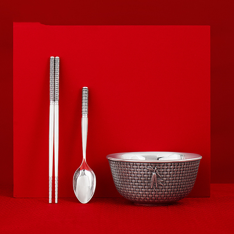 Silver 999 tableware set Silver bowl silver chopsticks silver spoon silver rice bowl silver spoon ch