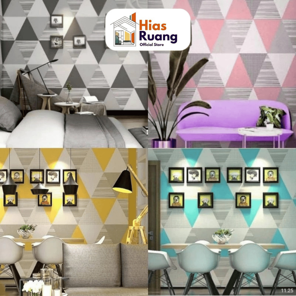 Wallpaper Stiker Dinding Segitiga Piramida Pyramid Abu Pink Kuning Biru Putih Walpaper Sticker GH202