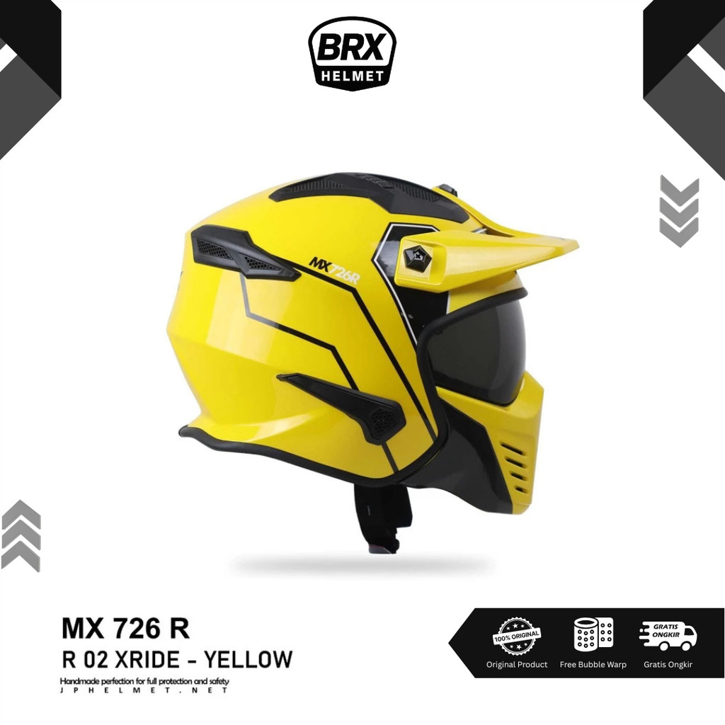 Helm JPX Full Face MX-726 R02 X-RIDE Yellow Original SNI ECE Modular Full Face Pria BRX Helmet
