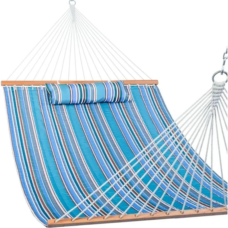 L # Quilted Fabric Double Hammock With Pillow, Heavy Duty Hardwood Spreader Bar, Hammocks For Outsid