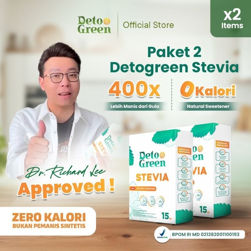 

NEW DETOGREEN Stevia Paket 2 Pemanis Cair Alami Natural Sweetener Nol Kalori Batasi Gula 15ml PREMIUM