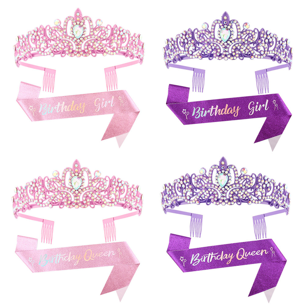 

Birthday Queen Glitter Sash and Rhinestone Tiara Pink Purple Blue Gifts for Girls Women Happy Birthday Party Decoration Supplies