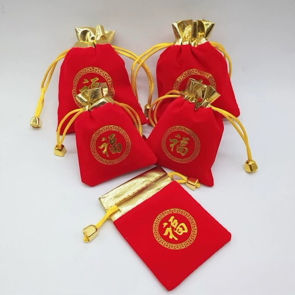 

Kantong Serut Fuk Fu Imlek Merah Emas Pouch Serbaguna Souvenir Hoki Hadiah Pernikahan & Acara isi 12