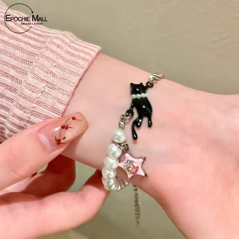COD Gelang Kucing Hitam Tambal Sulam Mutiara Gelang Bintang Mewah Ringan Wanita-EP