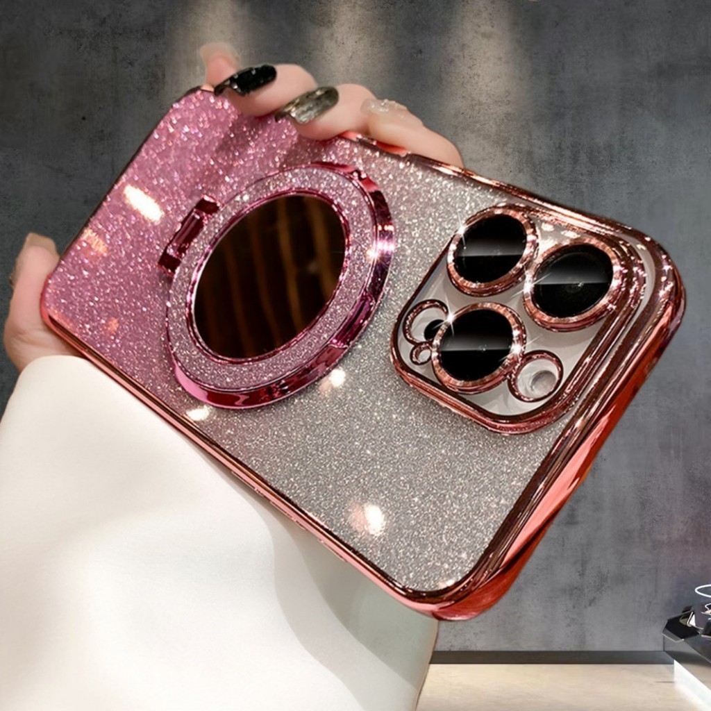 Luxury Plating Gradient Glitter Makeup Mirror Stand Phone Case for iPhone 11 12 13 14 15 Pro Max Sil