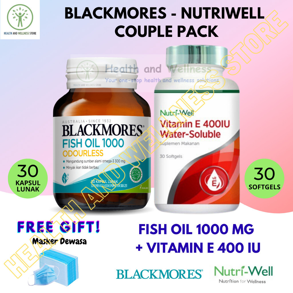 PAKET BLACKMORES FISH OIL 1000 ODOURLESS 30 KAPSUL LUNAK NUTRIWELL VITAMIN E 400 IU WATER SOLUBLE 30