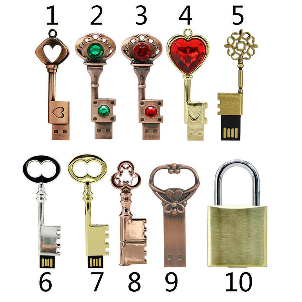 Bronze Heart Key USB Flash Drive 128GB Pen Drive 8G 16GB 32GB 64GB Pendrive Metal Lock CLE USB 256G 