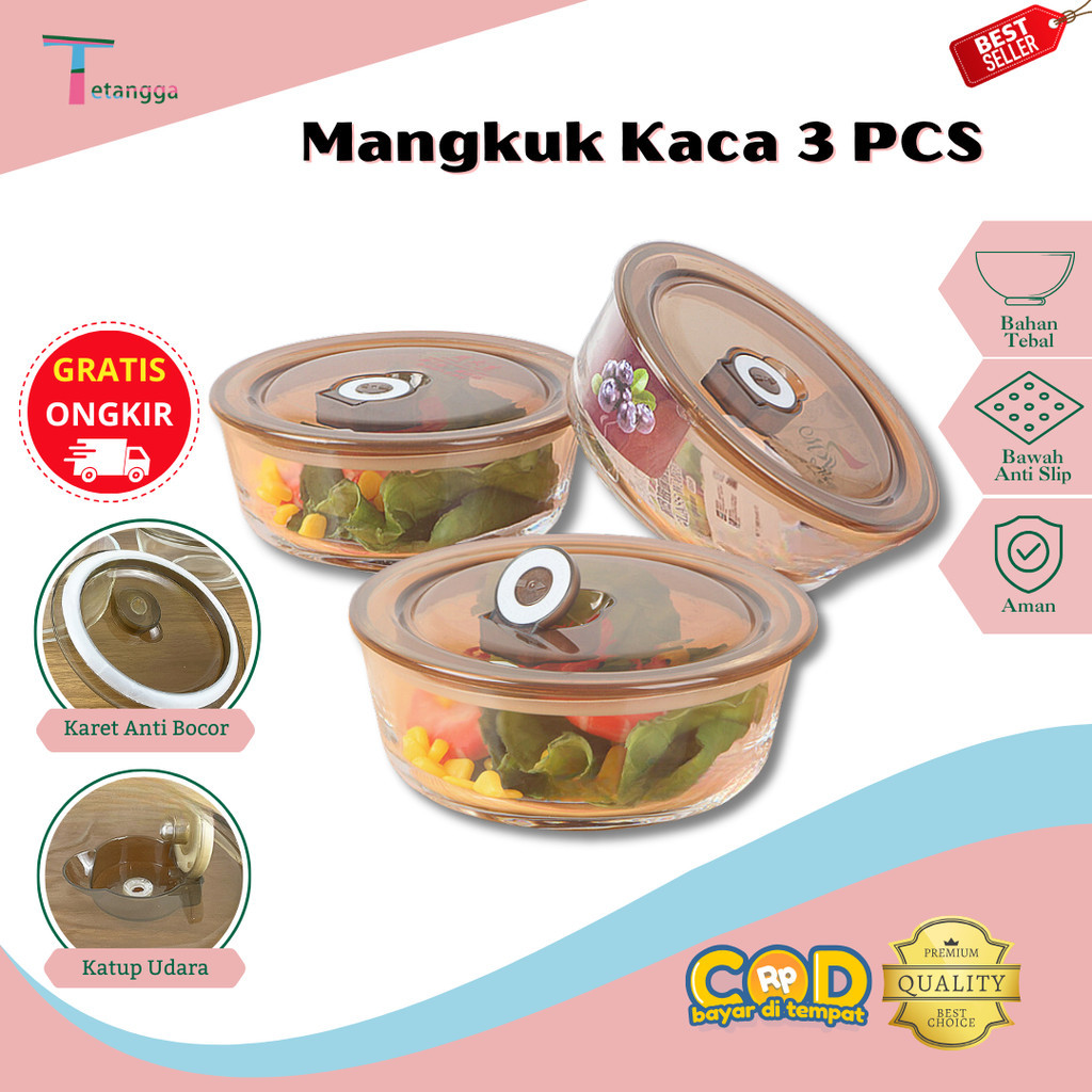 Set Mangkok Kaca Bowl Glass Kimglass  Crisper Kaca Kotak Makan Siang Tertutup Penutup / Paket kotak 