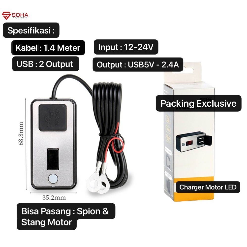 MLD-007 Charger HP Motor Tahan Air Adaptor Pengisi Daya USB Ganda Tampilan Digital Carger Hp Motor S