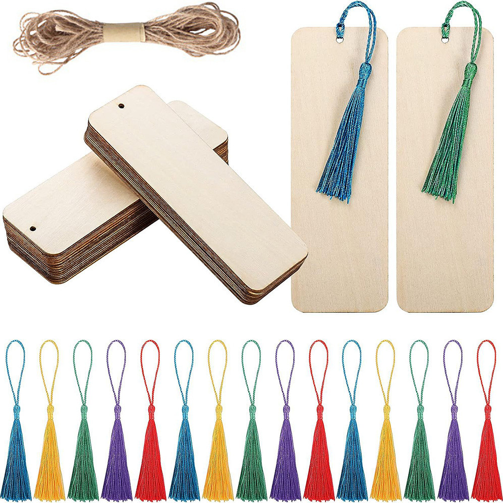 

30/60pcs Wood Blank Bookmarks DIY Craft Wooden Bookmark Bulk Wooden Book Marks Hanging Tag with Tassel Jute Rope for Party Decor