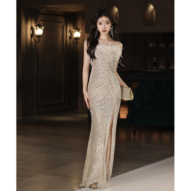 FW24-261024 Gaun Pesta Wanita. Women's Silver Sparkle Sequins Long Slit Evening Dress