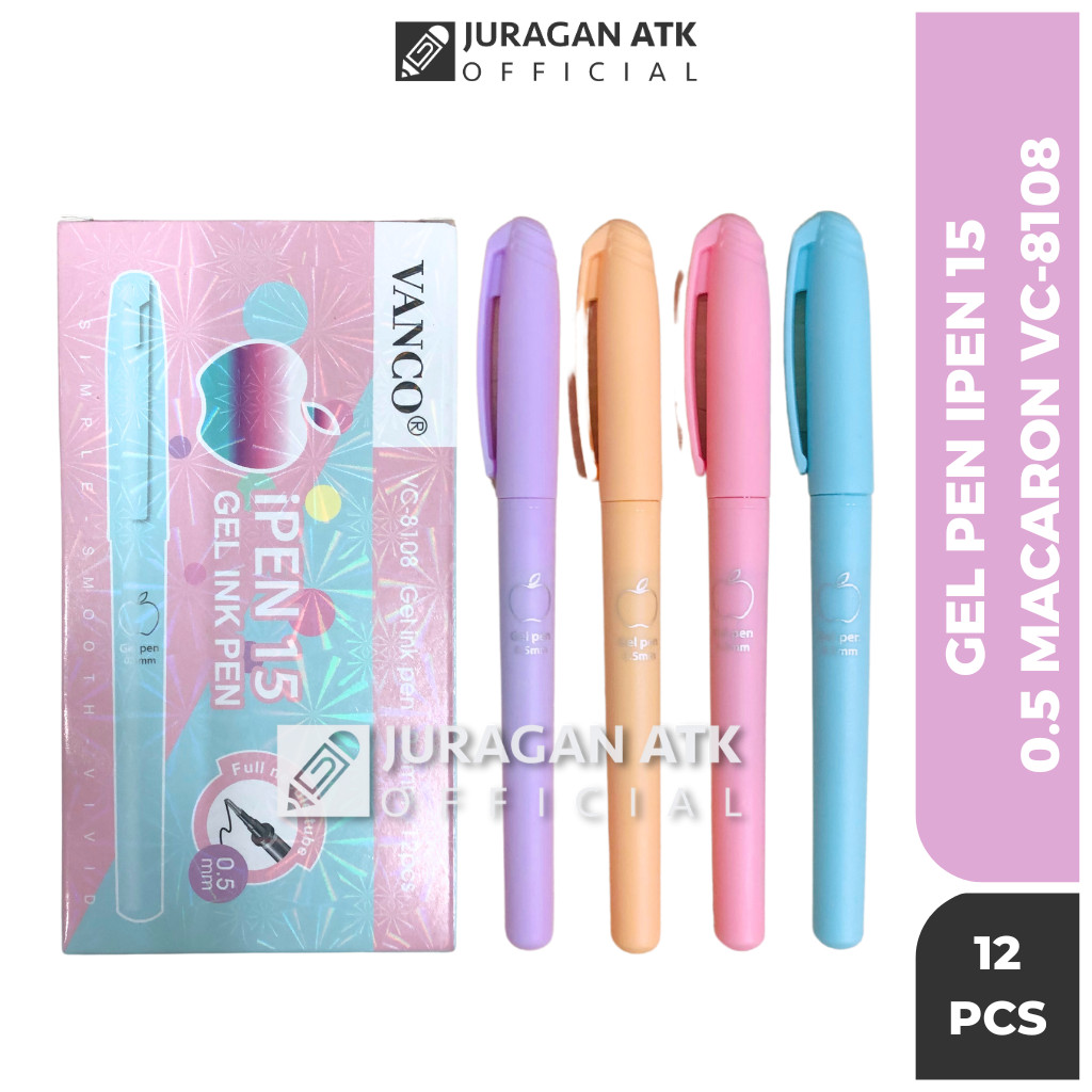 ( 1 Pack 12Pcs ) Pulpen Gel Ipen Warna Pastel Macaron 0.5 mm / Pena Gel Pen Ipen 15 VANCO VC-8108