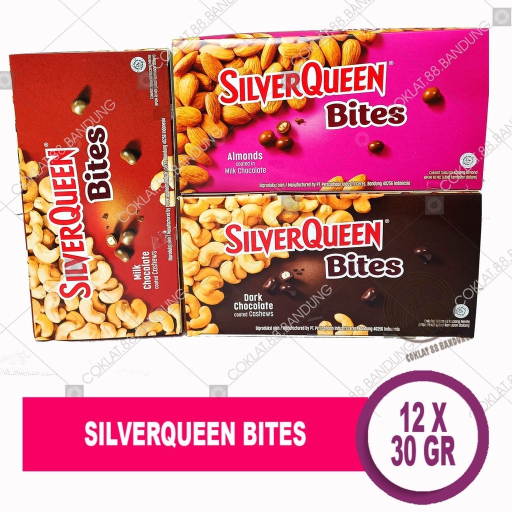 

SILVERQUEEN BITES 1 BOX ISI 12 PCS ALMOND MEDE DARK 30GR, SILVER QUEEN BITES CASHEW 12 X 30 GR