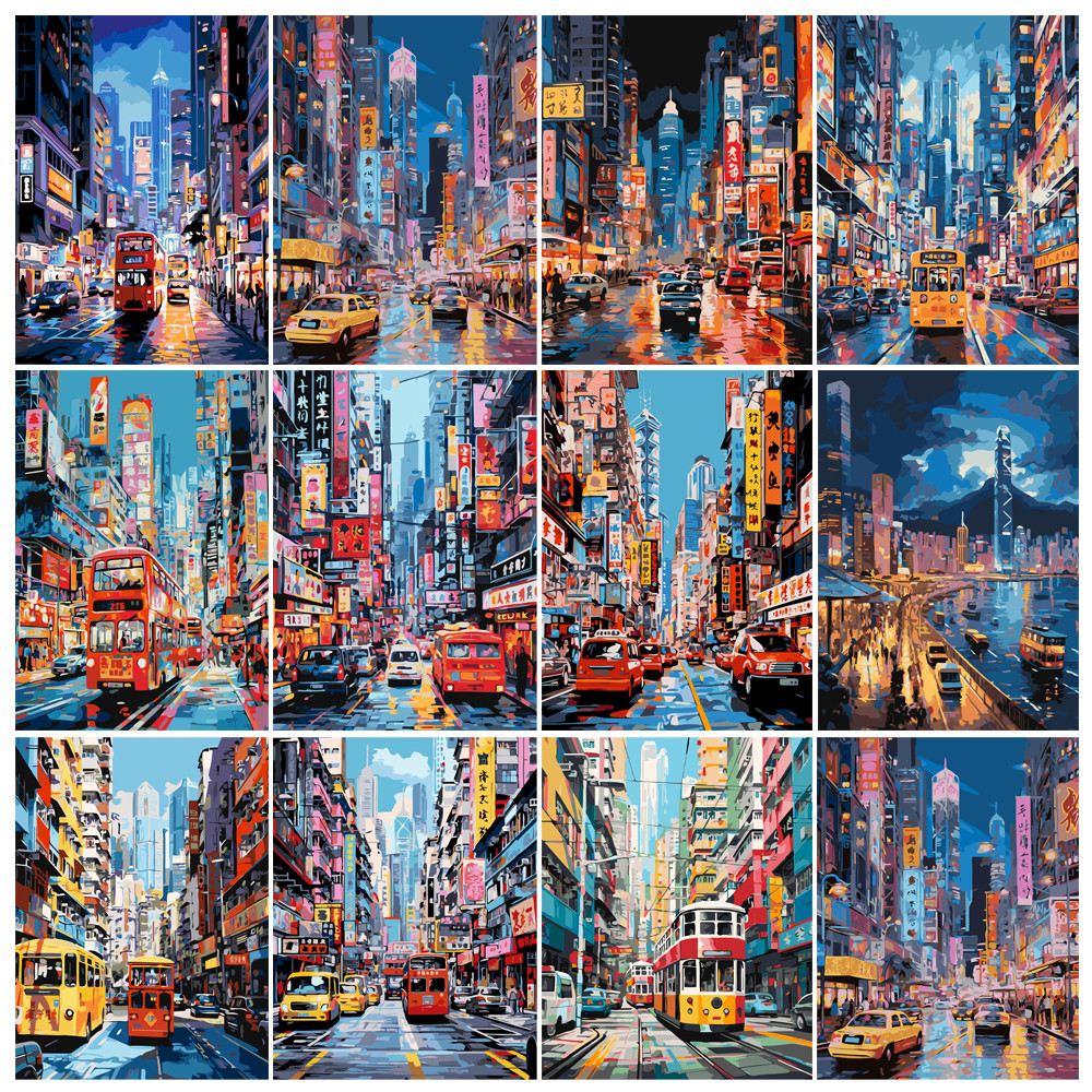 

Painting by Numbers Kit Hand Paint Hong Kong City Street Scene Night View DIY Seascape Acrylic Artwork Art Gift Home Decoration