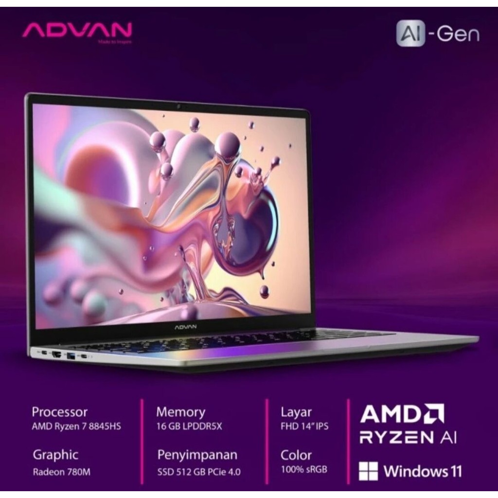 NEW ADVAN LAPTOP AI GEN RYZEN 7 8845HS AMD RYZEN AI IPS 16GB 512GB W11