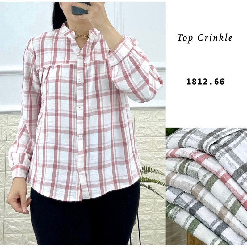 atasan wanita motif kotak bahan crinkle