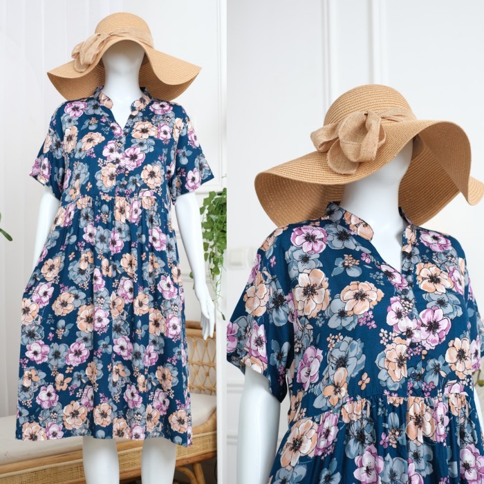 DASTER CYLA NOURA DRESS KATUN RAYON ADEM BUMIL BUSUI FRIENDLY - Hibisca Blue