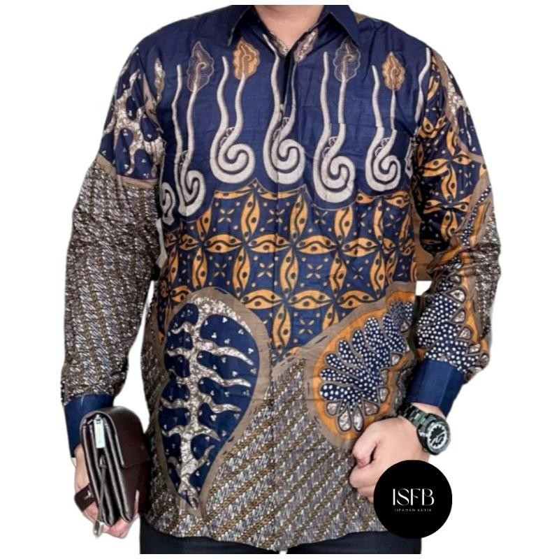 Kemeja Batik Pria Lengan Panjang Navy Gold Jumbo Premium