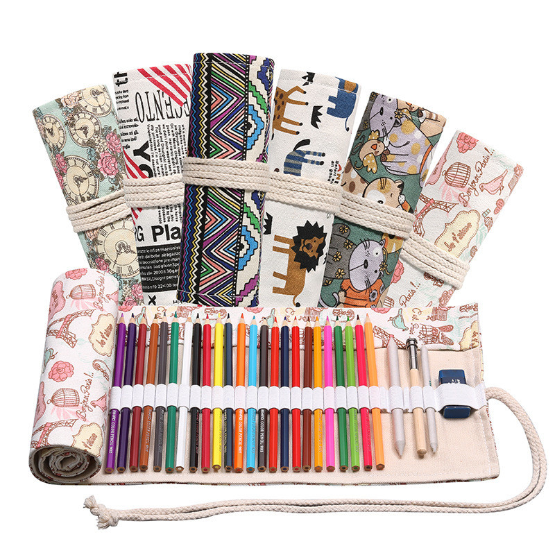

12/24/36/48/72 Hole Colorful Cloth Pencil Case Antique Aesthetics Stationery Cosmetic Pencil Storage Bag Stationery Box 050045