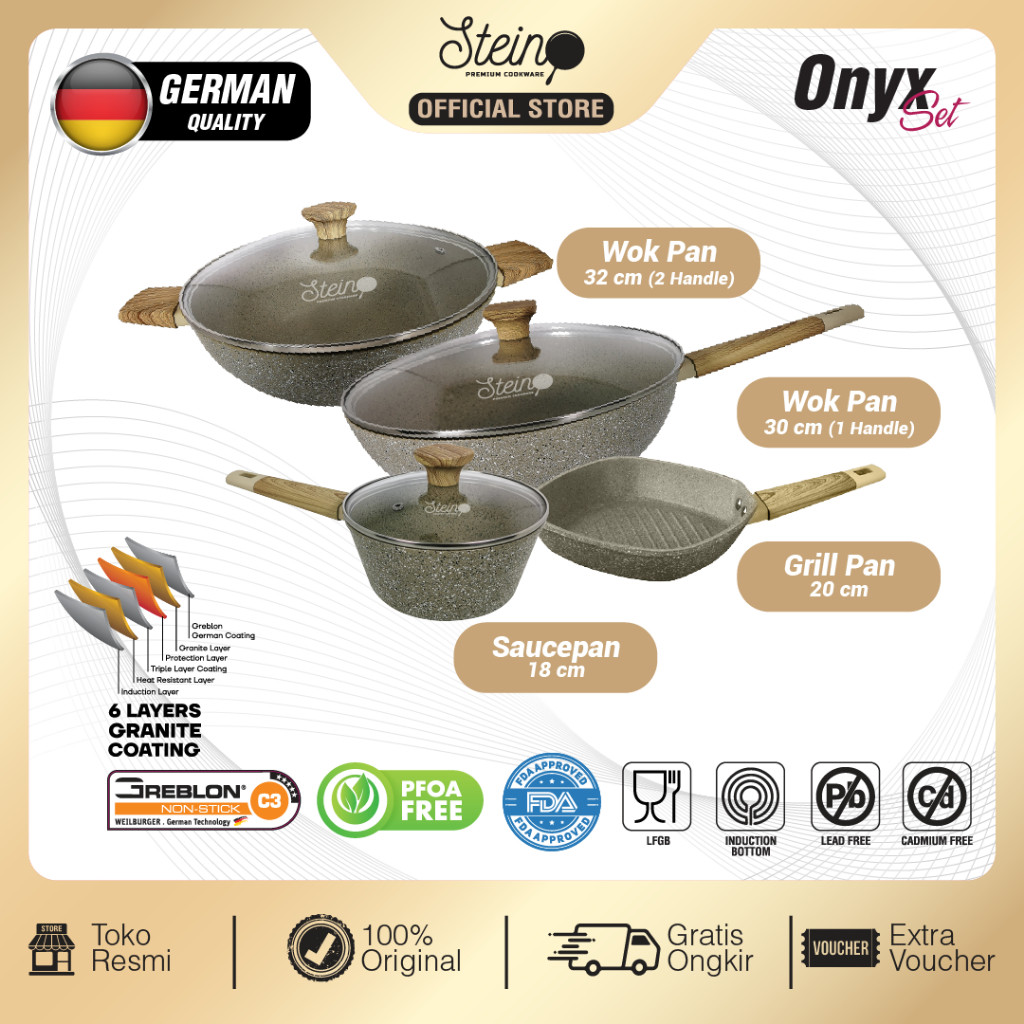 STEIN Stein Cookware Paket Onyx Series (4 in 1 Granite Series Wok German) Wok Pan Grill Pan Sauce Pa