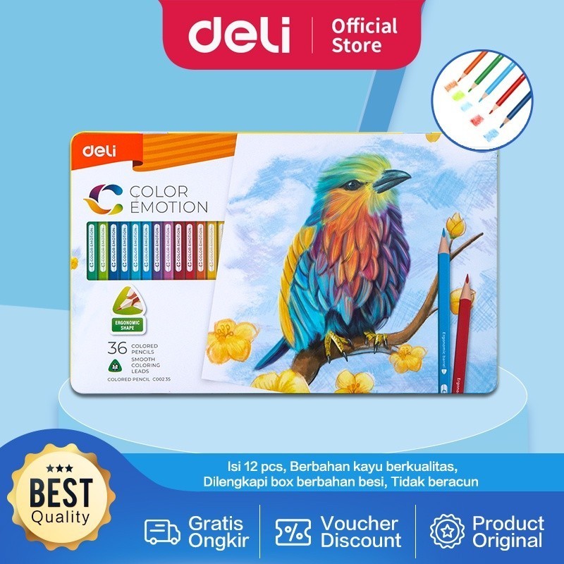 

Deli Pensil Warna Celup Halus 12/24/36 Warna, Bentuk Segitiga Ergonomis EC00205 EC00225 EC00235