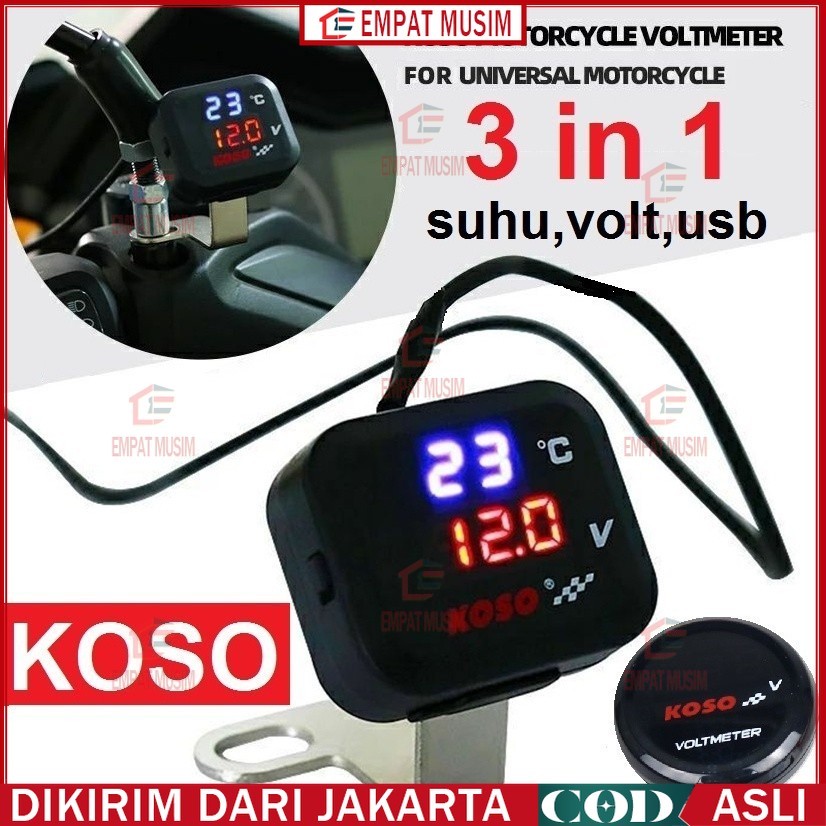 Voltmeter Koso 3 In 1 USB Charger Universal SEMUA MOTOR Anti Air Original Termometer Digital Jam Suh