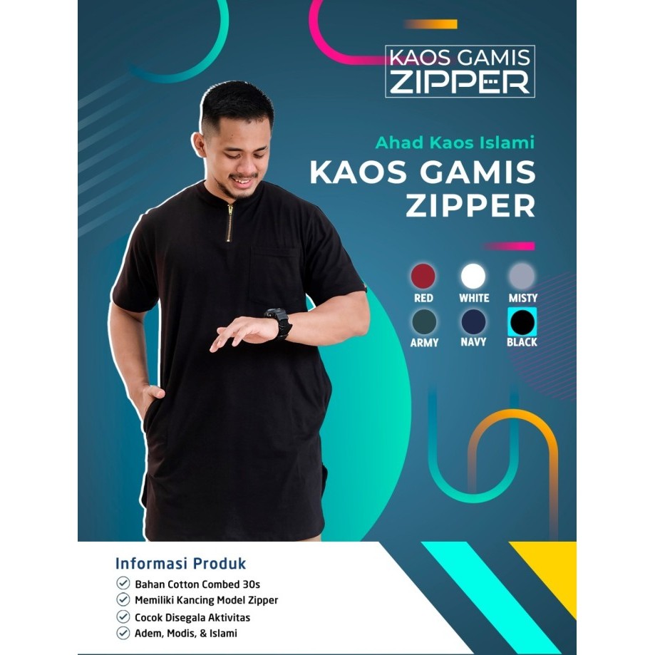 ✨Anh.S✨ -  READY STOCK Kaos Gamis Kurta Pria Ziper Premium By Ahad Size Jumbo - Hitam, M